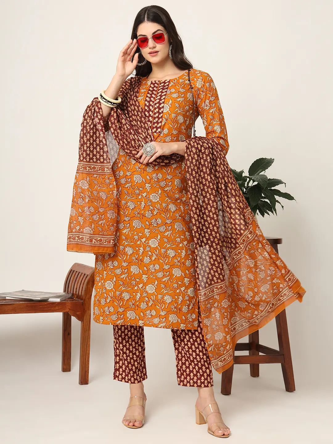 Piping On Yoke Floral Print Mustard Cotton Kurta Set With Dupatta Set