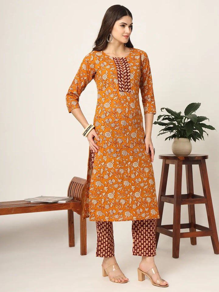 Piping On Yoke Floral Print Mustard Cotton Kurta Set With Dupatta Set