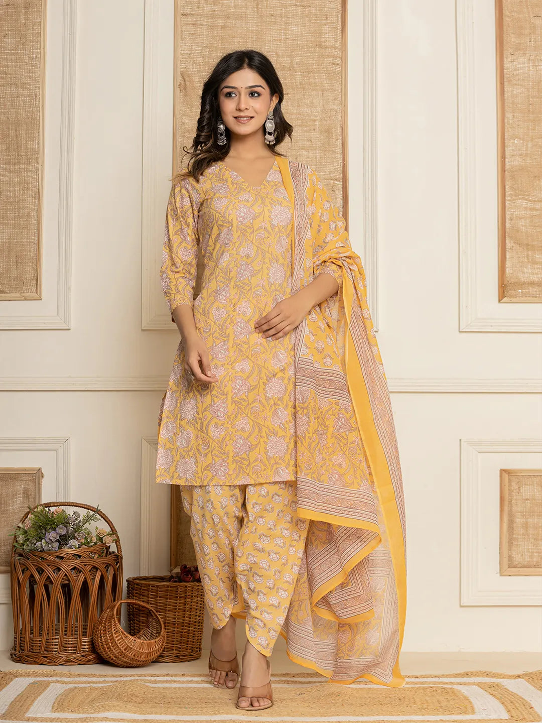 Yellow Floral Print Cotton Straight Style Kurta And Dhoti Pants With Dupatta Set-Yufta Store-6904SKDYLS