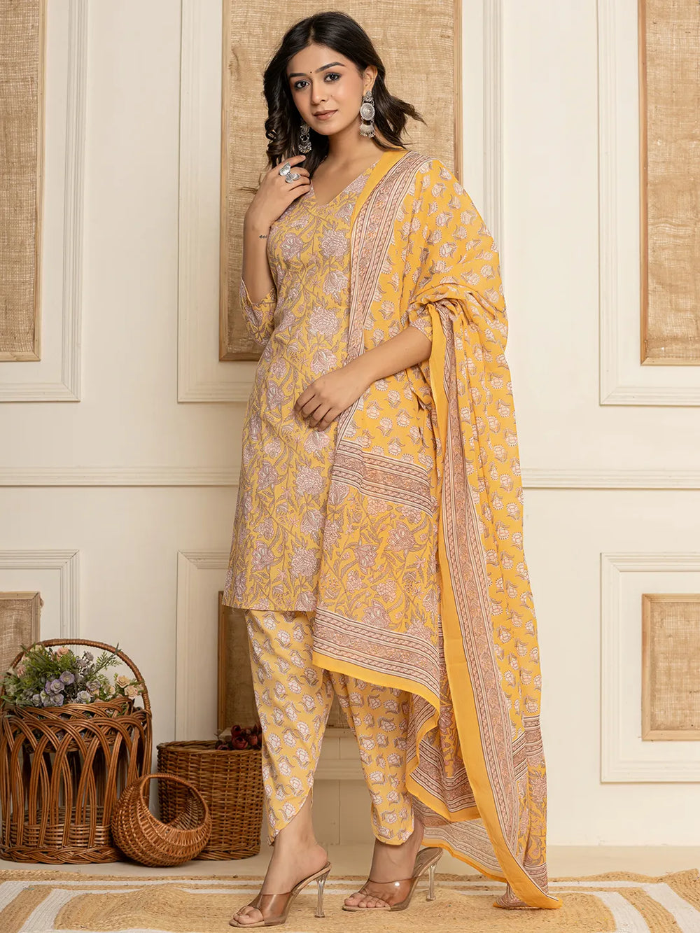 Yellow Floral Print Cotton Straight Style Kurta And Dhoti Pants With Dupatta Set-Yufta Store-6904SKDYLS