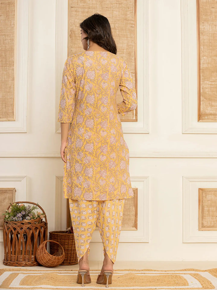 Yellow Floral Print Cotton Straight Style Kurta And Dhoti Pants With Dupatta Set-Yufta Store-6904SKDYLS