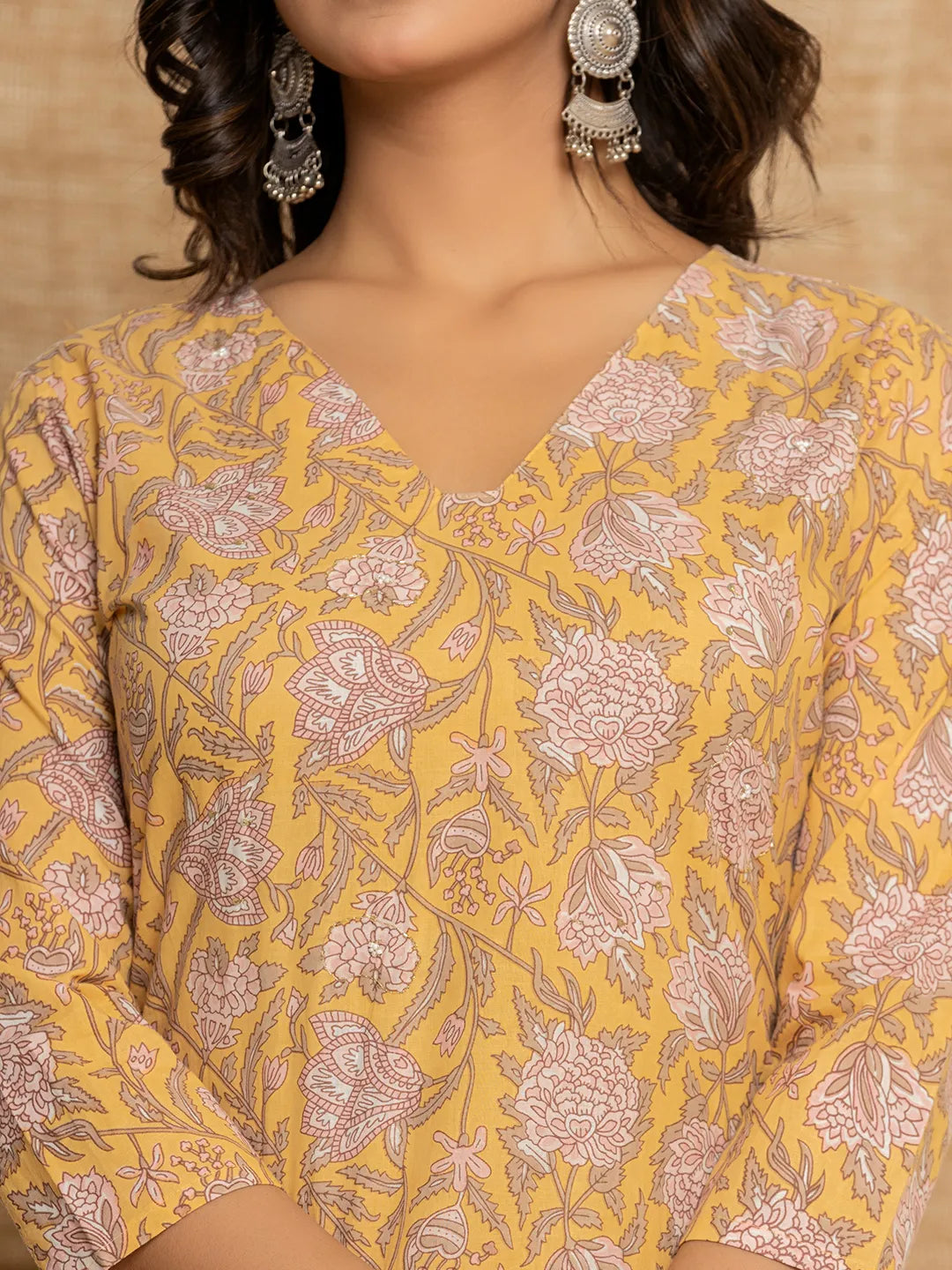 Yellow Floral Print Cotton Straight Style Kurta And Dhoti Pants With Dupatta Set-Yufta Store-6904SKDYLS