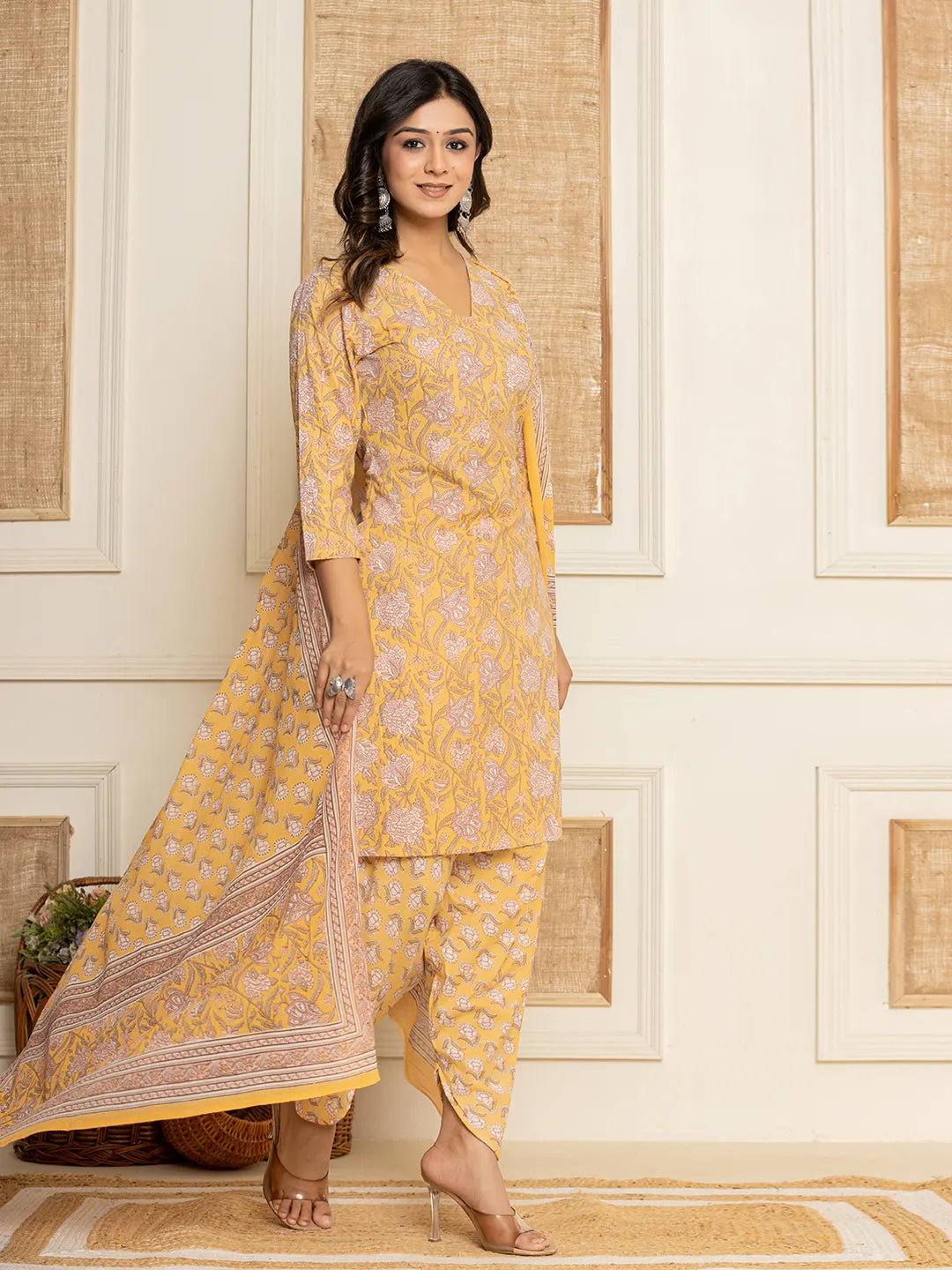 Yellow Floral Print Cotton Straight Style Kurta And Dhoti Pants With Dupatta Set-Yufta Store-6904SKDYLS