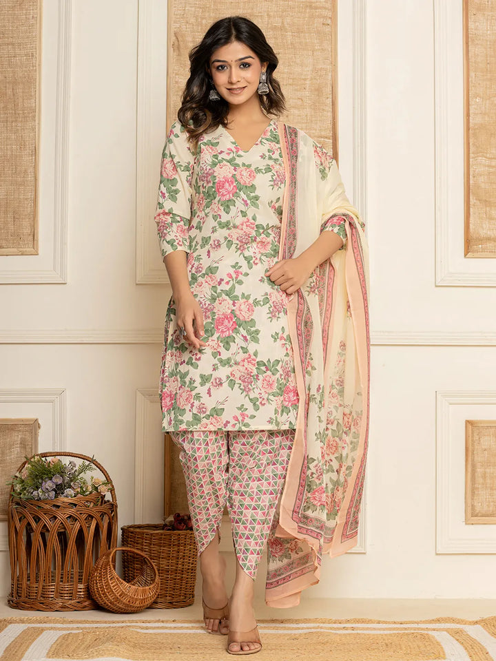 Cream Floral Print Cotton Straight Style Kurta And Dhoti Pants With Dupatta Set