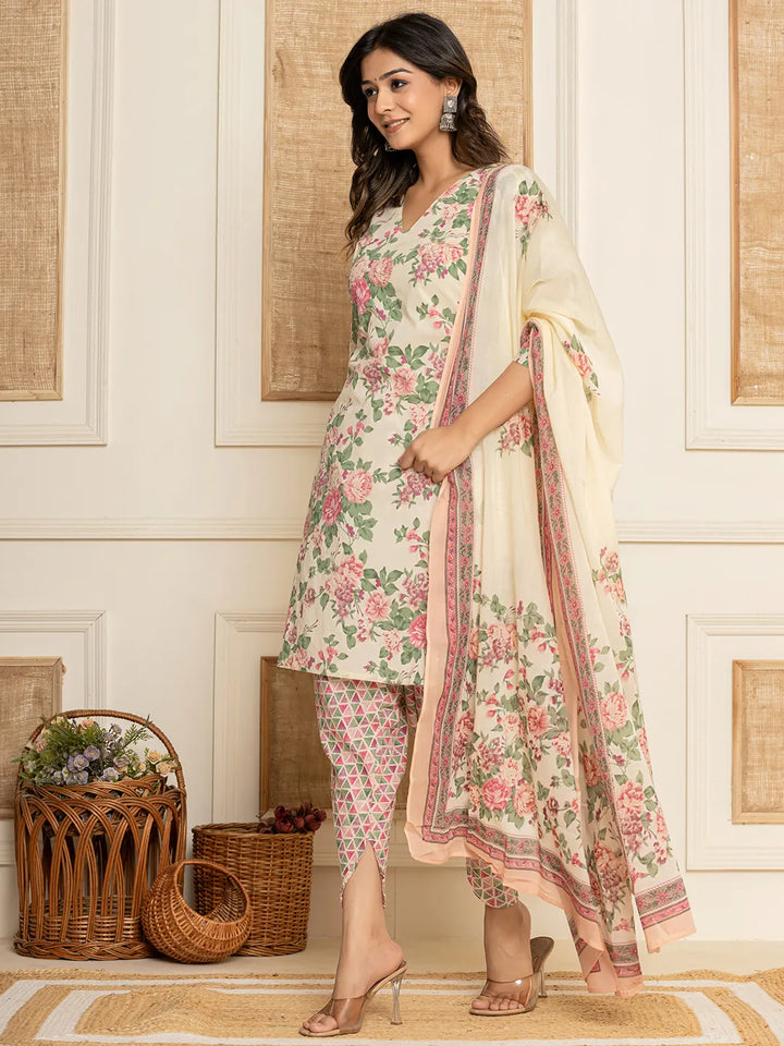 Cream Floral Print Cotton Straight Style Kurta And Dhoti Pants With Dupatta Set