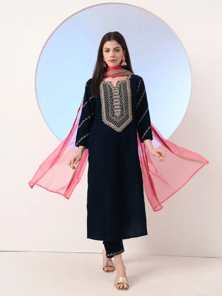 Navy Blue Velvet Zari_Work Kurta Trouser Dupatta Set