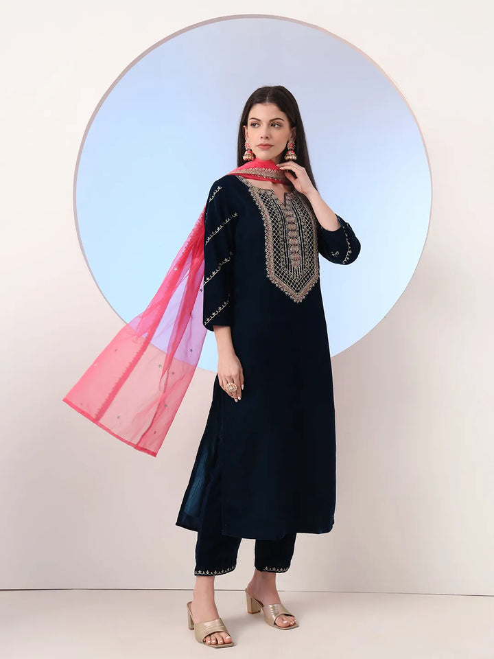 Navy Blue Velvet Zari_Work Kurta Trouser Dupatta Set