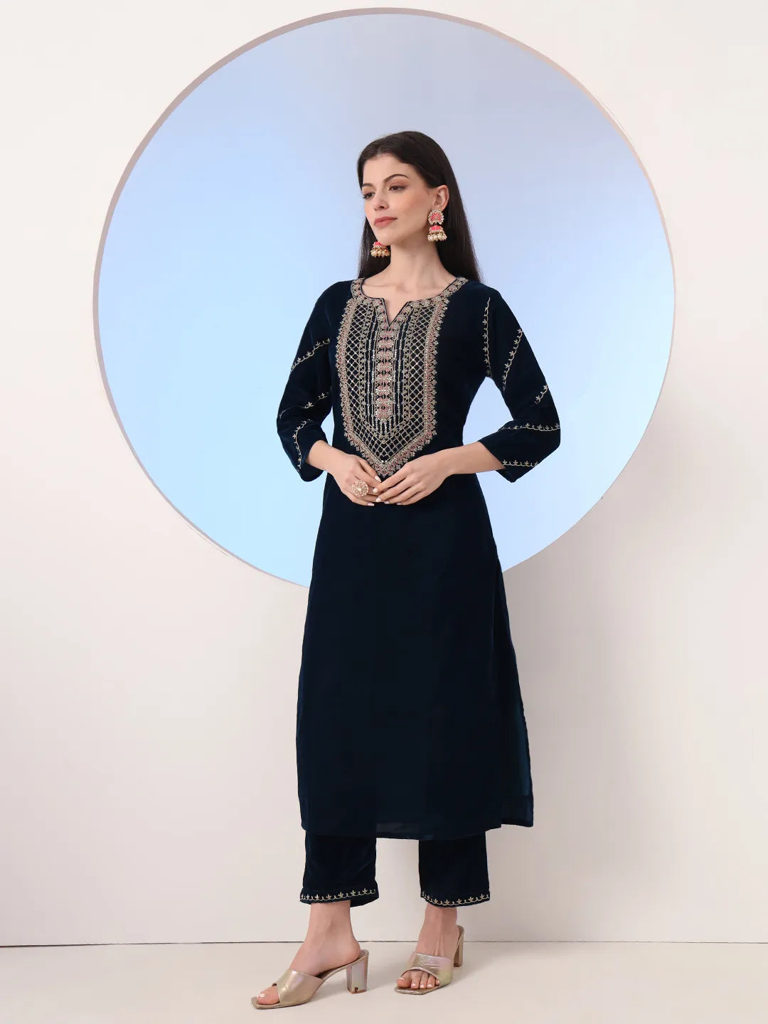 Navy Blue Velvet Zari_Work Kurta Trouser Dupatta Set