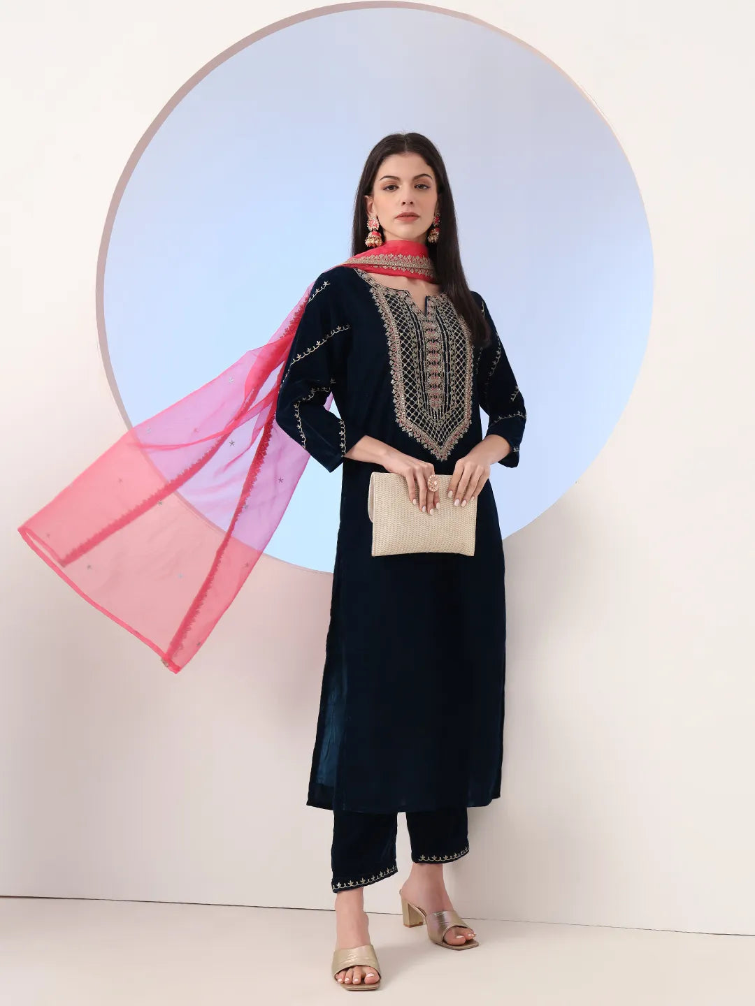 Navy Blue Velvet Zari_Work Kurta Trouser Dupatta Set