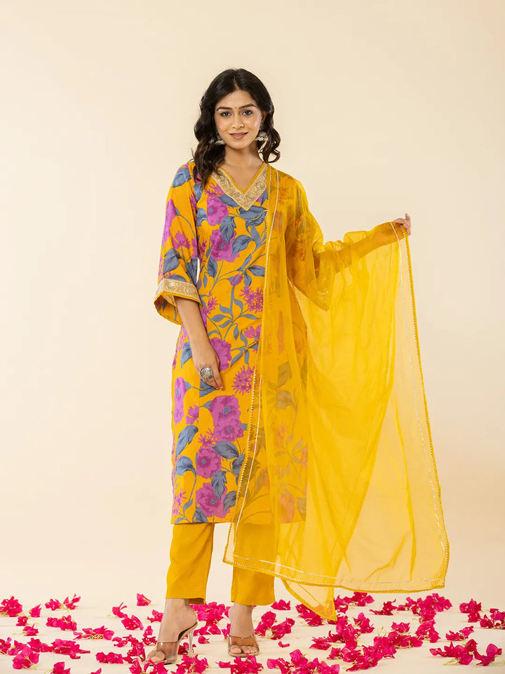 Cotton Mustard Kurta Pant Dupatta Set