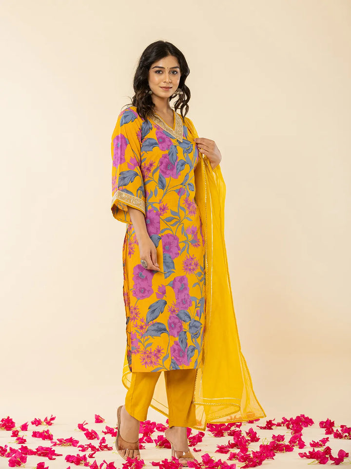 Cotton Mustard Kurta Pant Dupatta Set