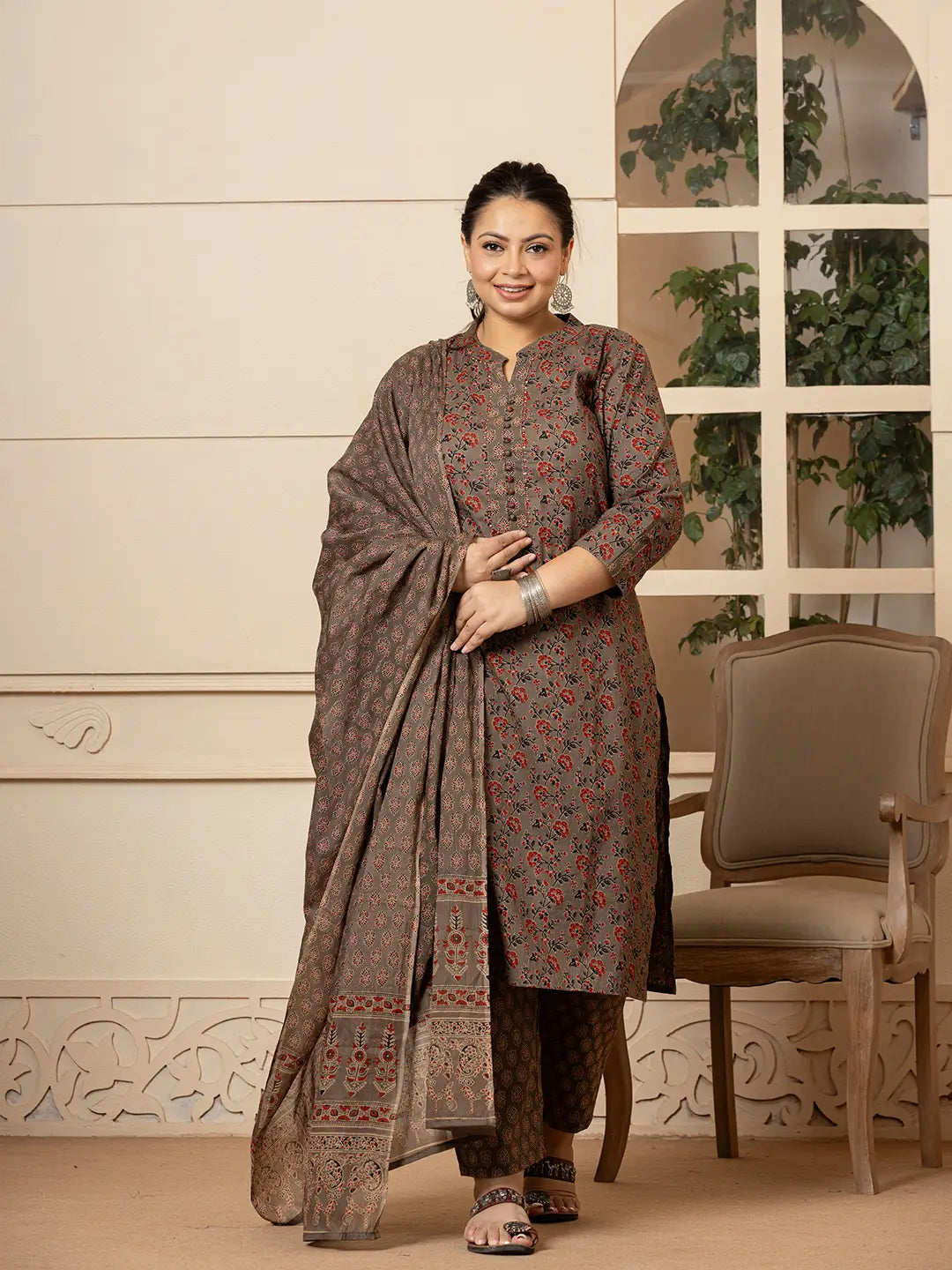 Cotton Grey Plus Size Kurta Dupatta Pant Set-Yufta Store-6950PSKDGY3XL