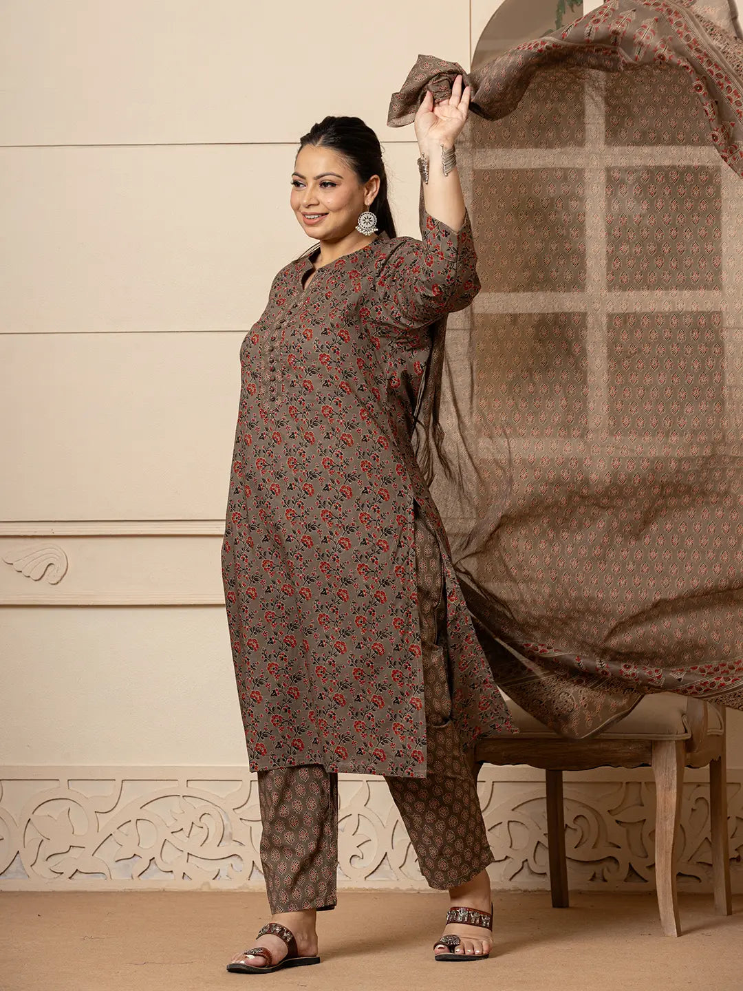 Cotton Grey Plus Size Kurta Dupatta Pant Set-Yufta Store-6950PSKDGY3XL