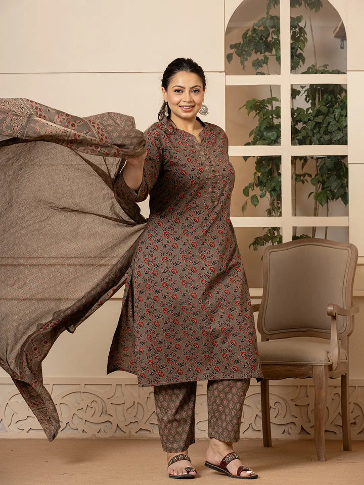 Cotton Grey Plus Size Kurta Dupatta Pant Set-Yufta Store-6950PSKDGY3XL