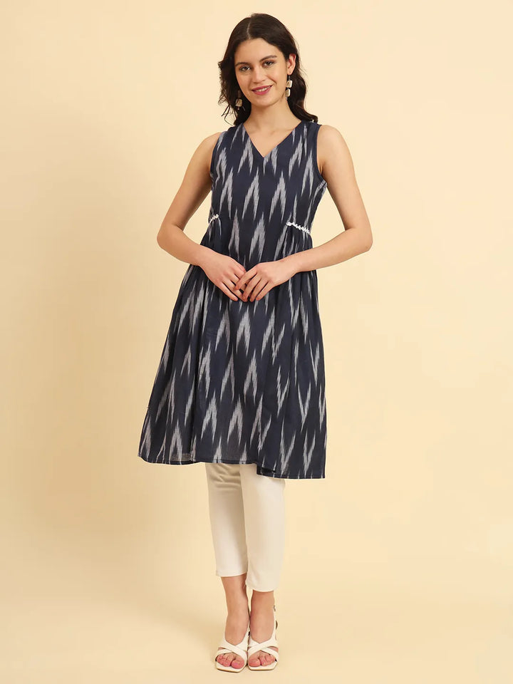 Ikat Cotton Blue Workwear Kurta With Lace Detailing