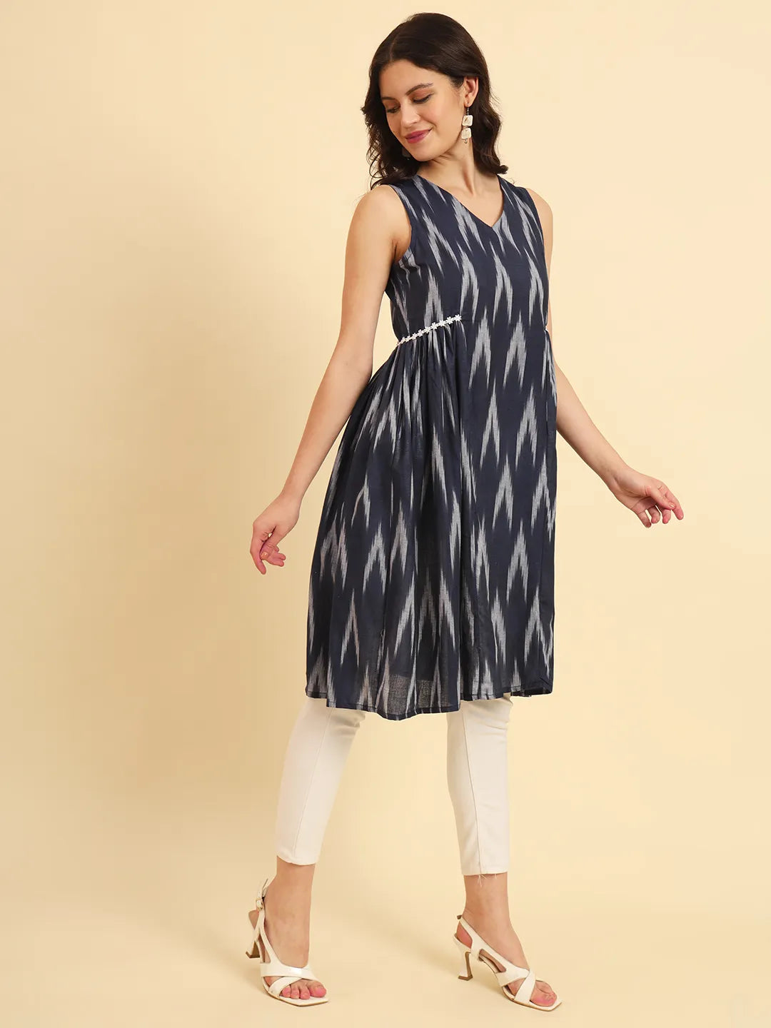 Ikat Cotton Blue Workwear Kurta With Lace Detailing