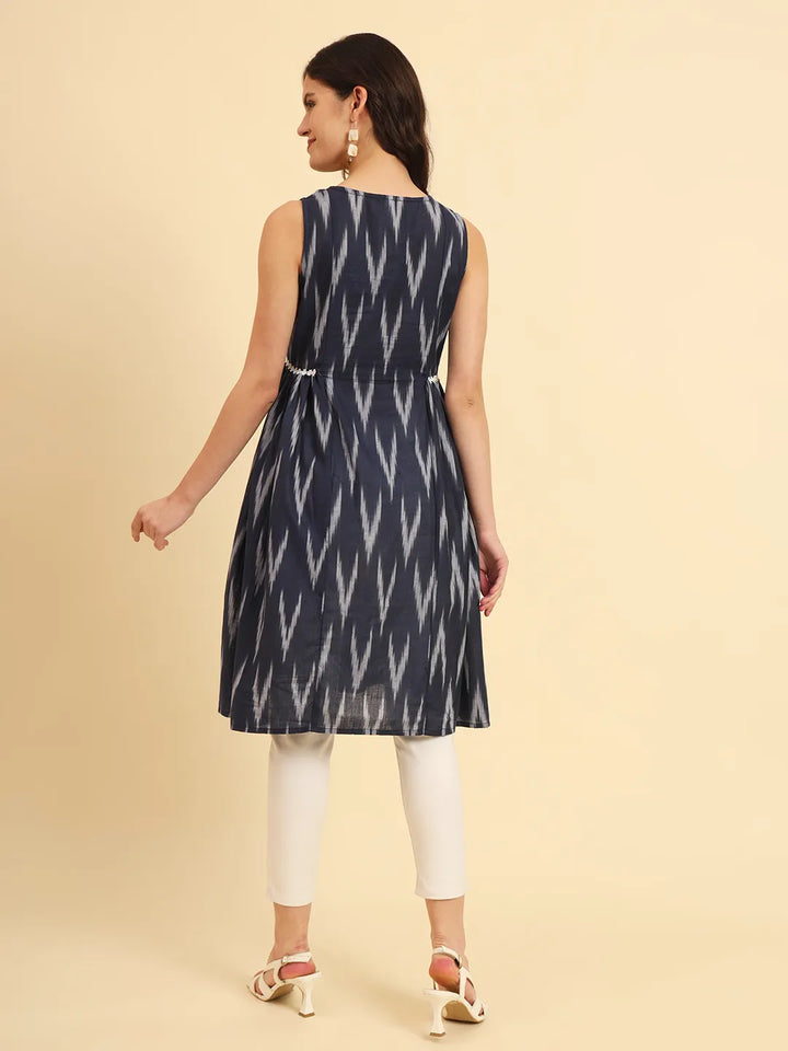 Ikat Cotton Blue Workwear Kurta With Lace Detailing