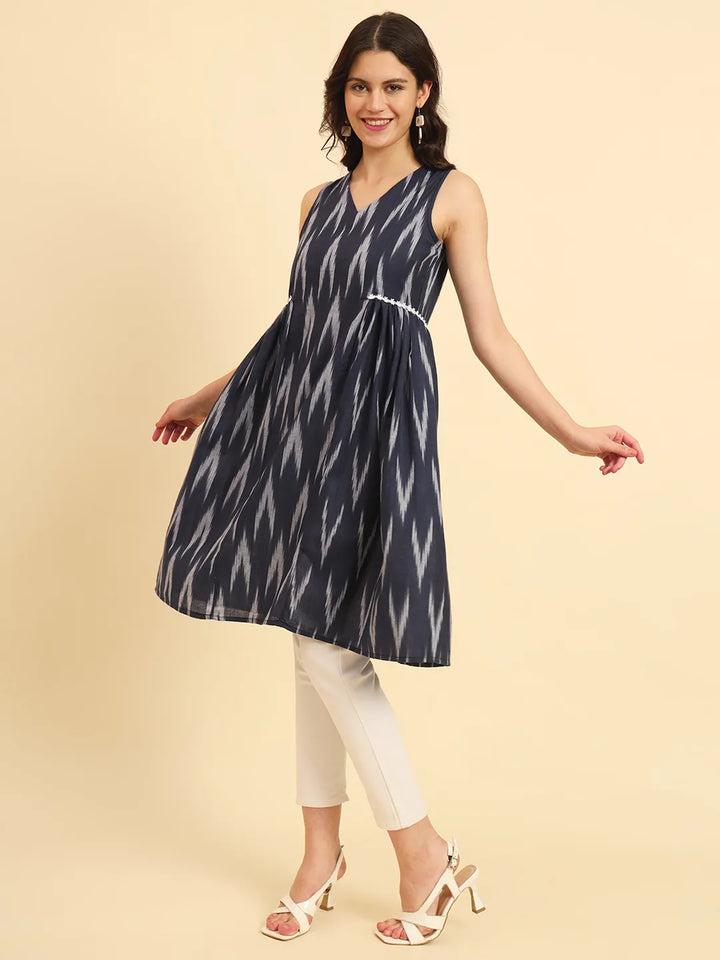 Ikat Cotton Blue Workwear Kurta With Lace Detailing