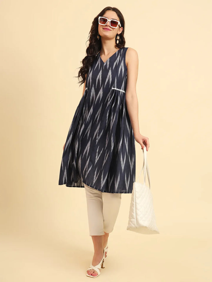 Ikat Cotton Blue Workwear Kurta With Lace Detailing