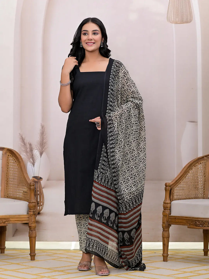 Black & Beige Pure Cotton Straight Kurta Dupatta Set-Yufta Store-6958SKDBKS