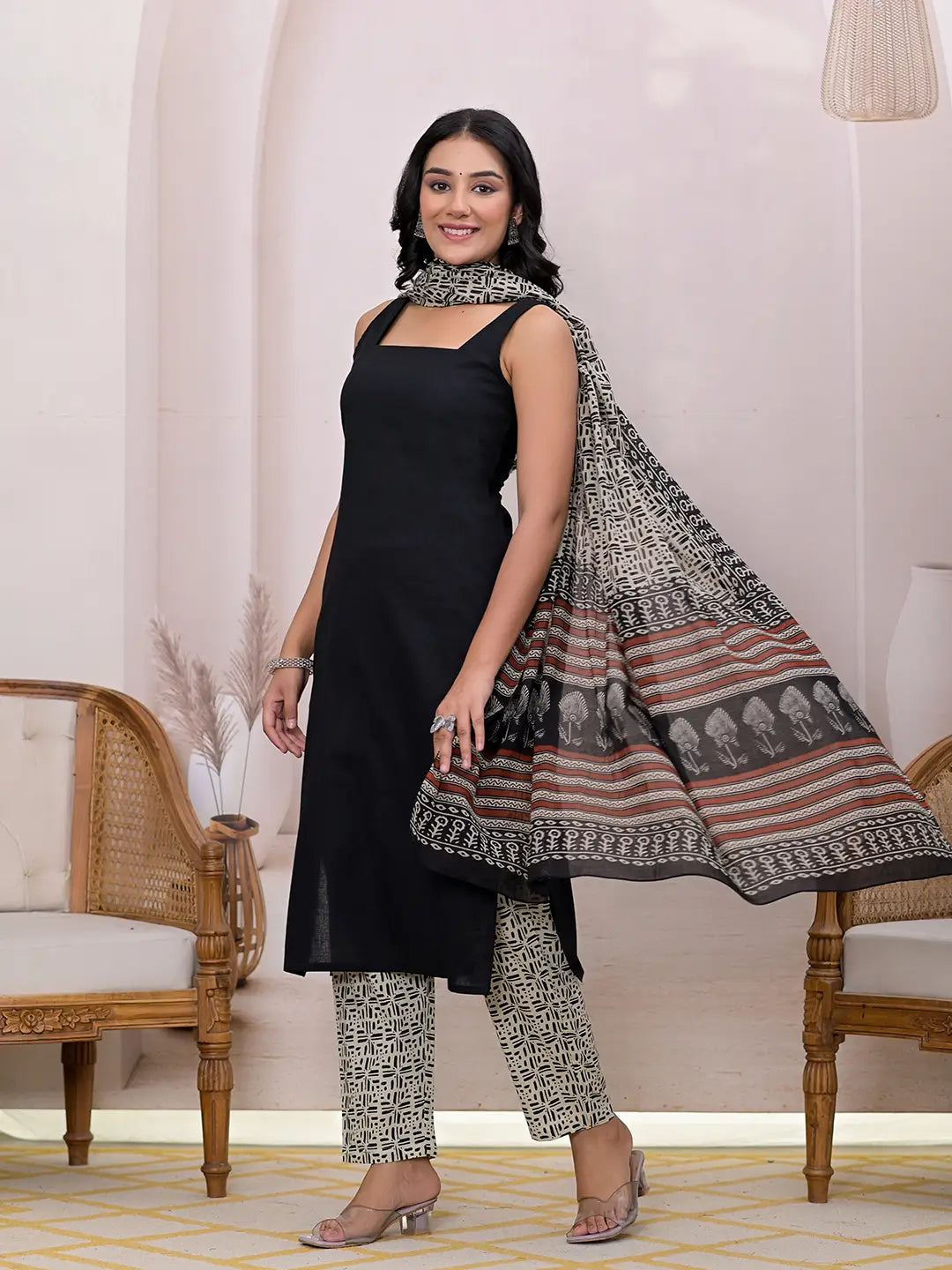 Black & Beige Pure Cotton Straight Kurta Dupatta Set-Yufta Store-6958SKDBKS