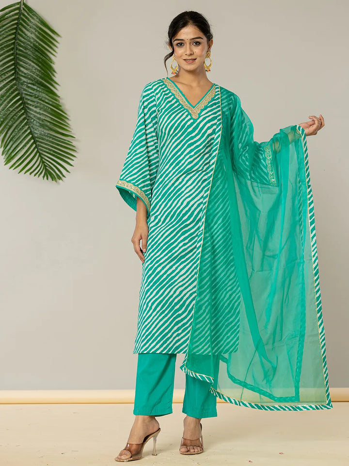 Teal Green Leheriya Print Cotton Straight Suit Set