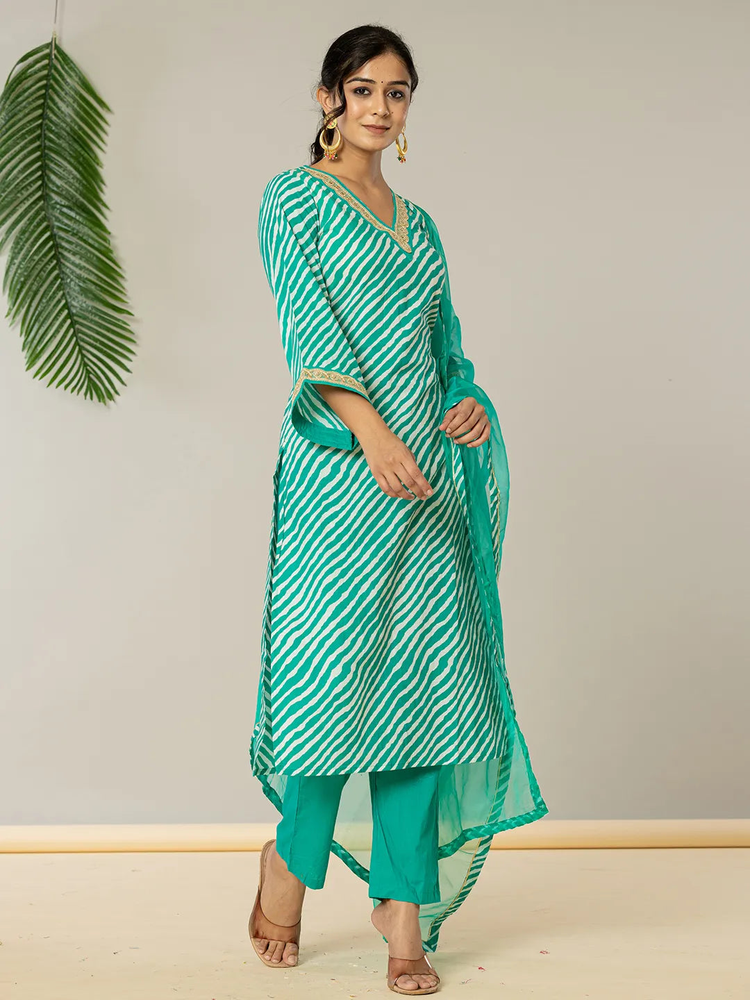 Teal Green Leheriya Print Cotton Straight Suit Set