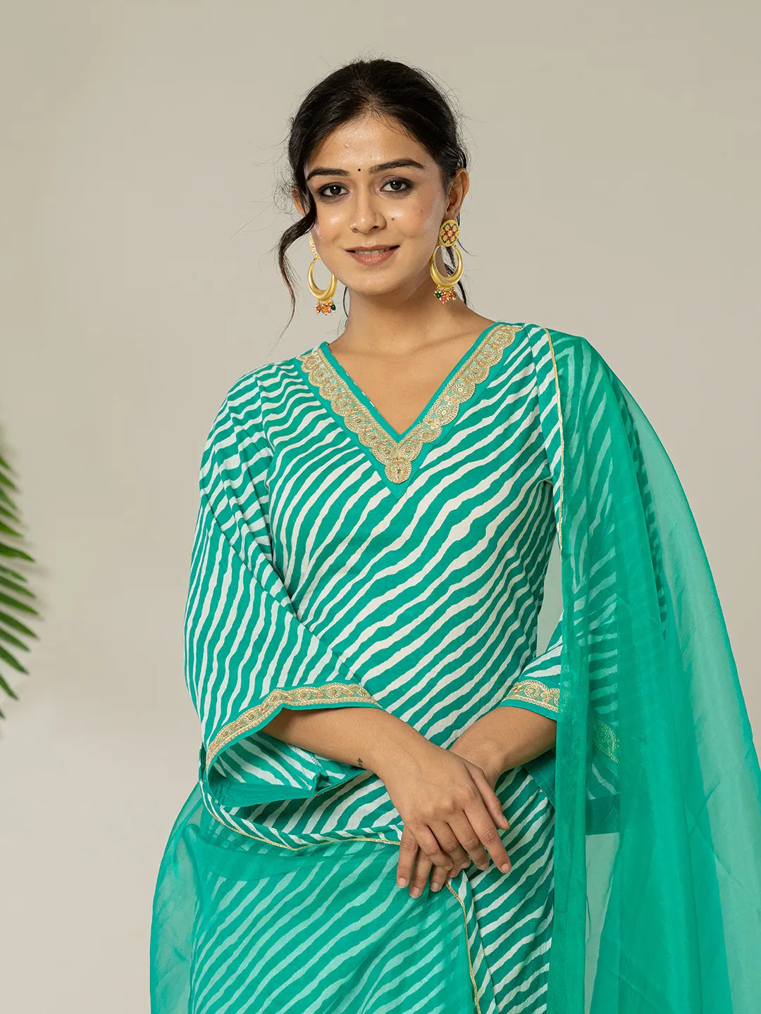 Teal Green Leheriya Print Cotton Straight Suit Set