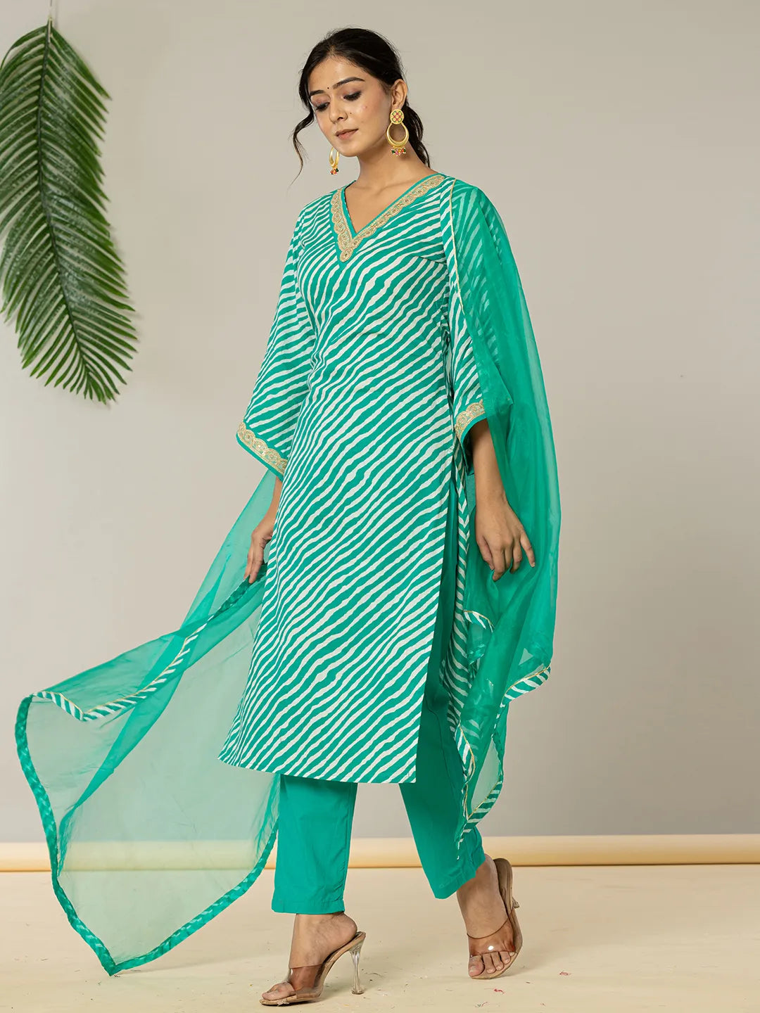 Teal Green Leheriya Print Cotton Straight Suit Set