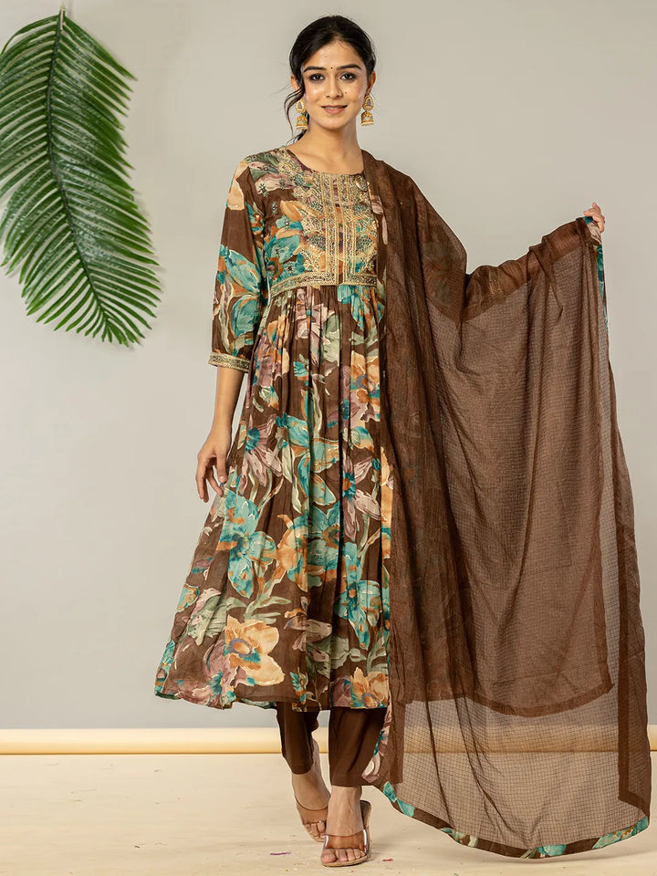 Brown Floral Print Mulmul Fit And Flare Suit Set