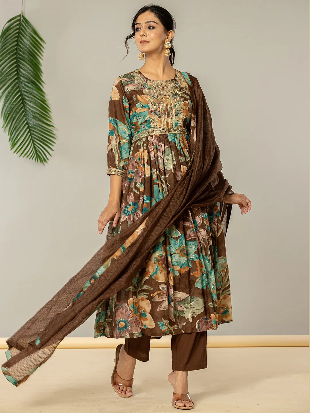 Brown Floral Print Mulmul Fit And Flare Suit Set