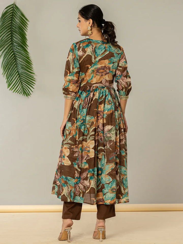 Brown Floral Print Mulmul Fit And Flare Suit Set