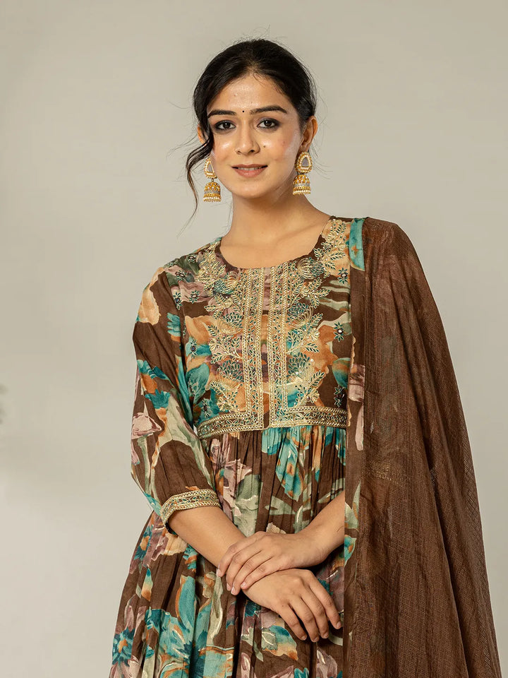 Brown Floral Print Mulmul Fit And Flare Suit Set