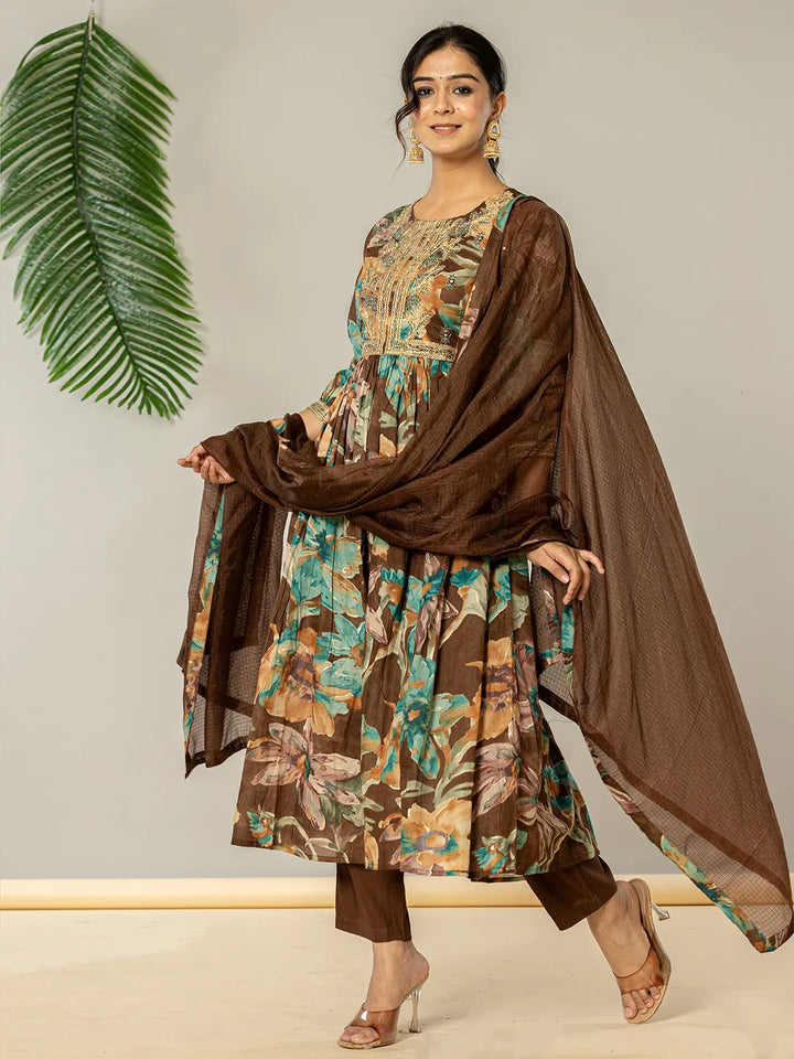 Brown Floral Print Mulmul Fit And Flare Suit Set