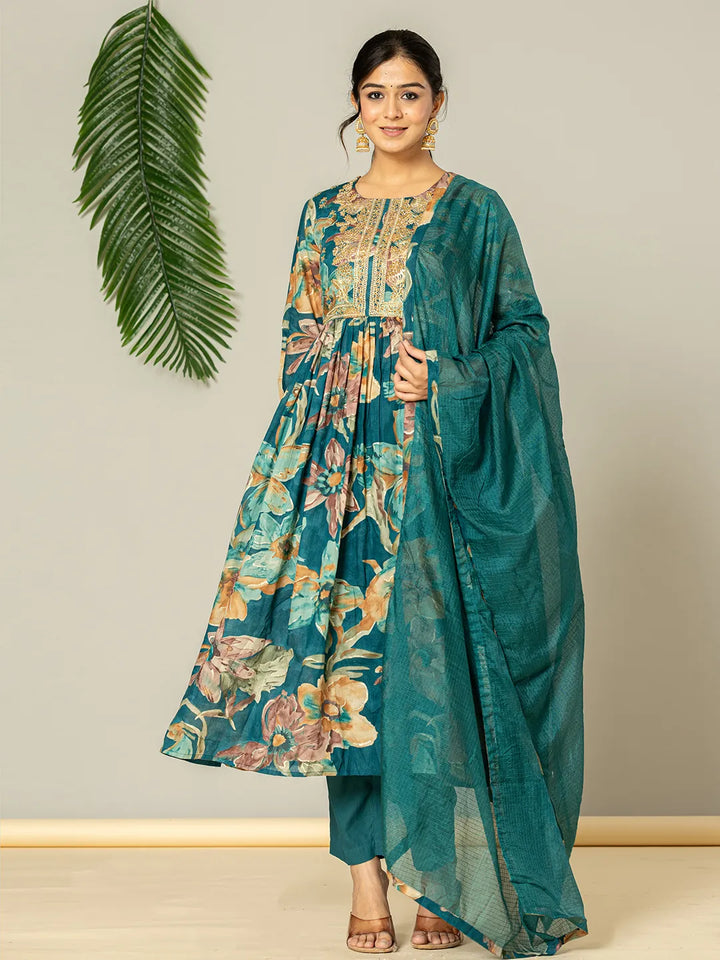 Teal Blue Floral Print Mulmul Fit And Flare Suit Set