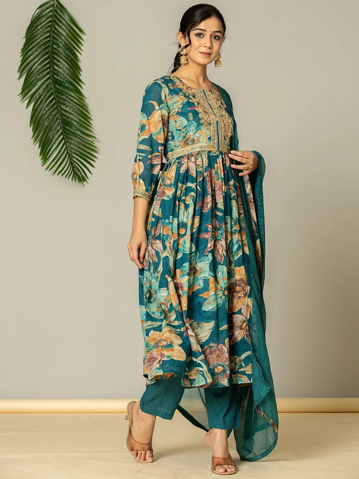 Teal Blue Floral Print Mulmul Fit And Flare Suit Set