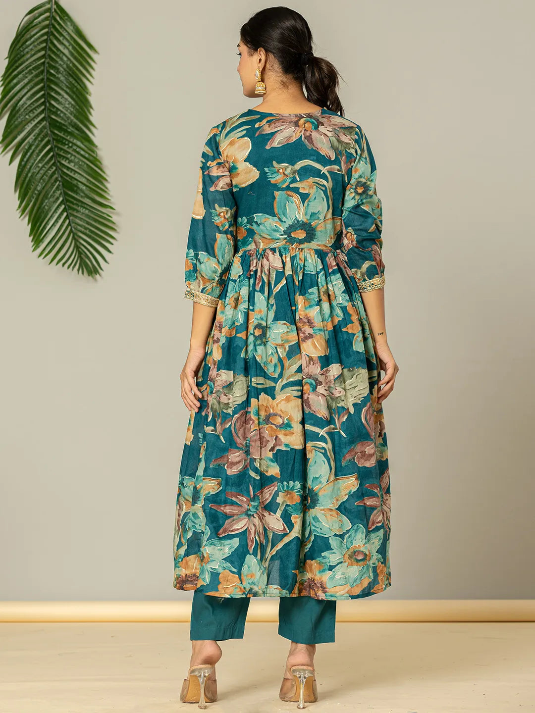 Teal Blue Floral Print Mulmul Fit And Flare Suit Set