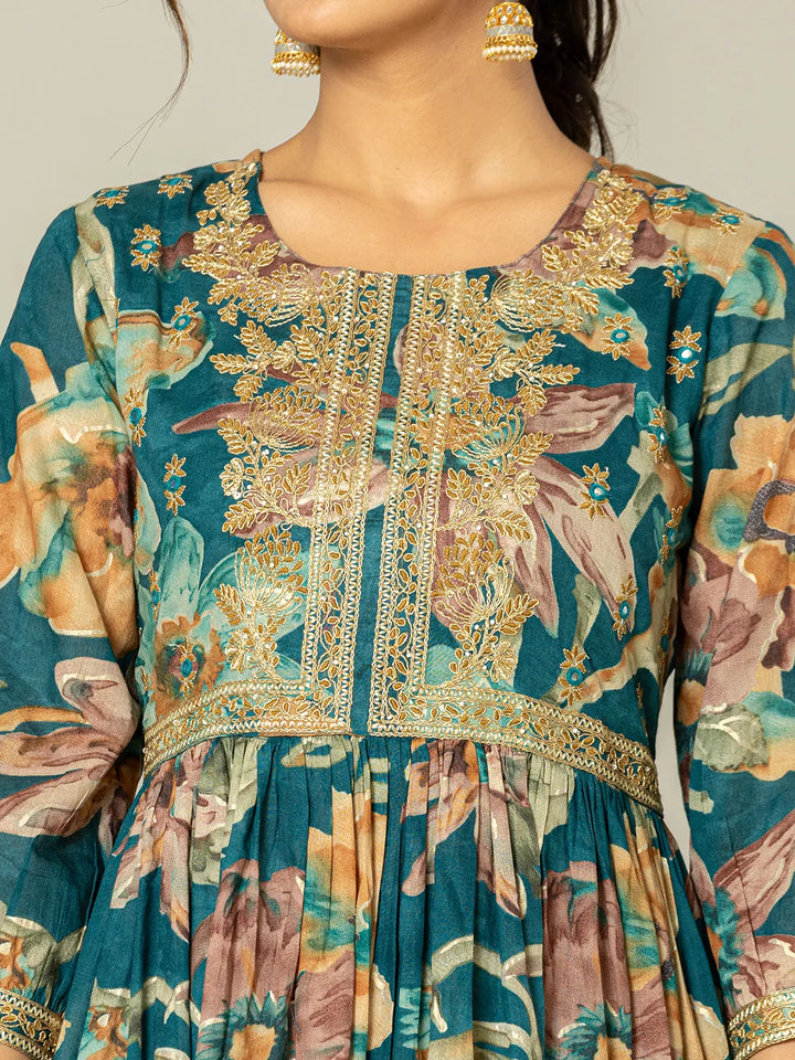 Teal Blue Floral Print Mulmul Fit And Flare Suit Set