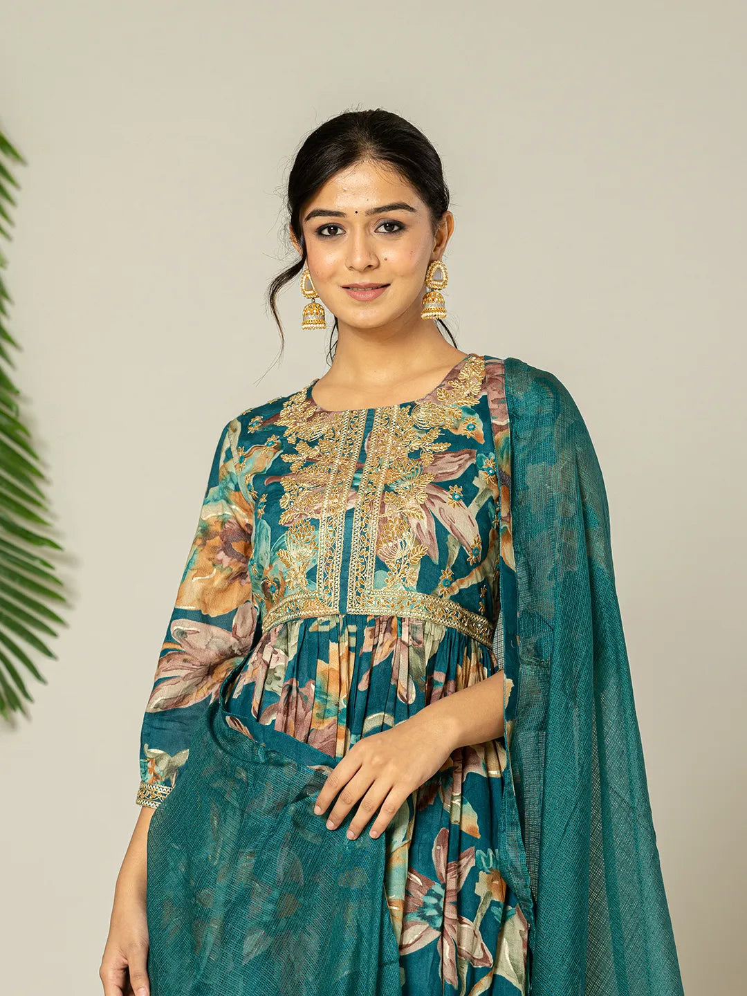 Teal Blue Floral Print Mulmul Fit And Flare Suit Set