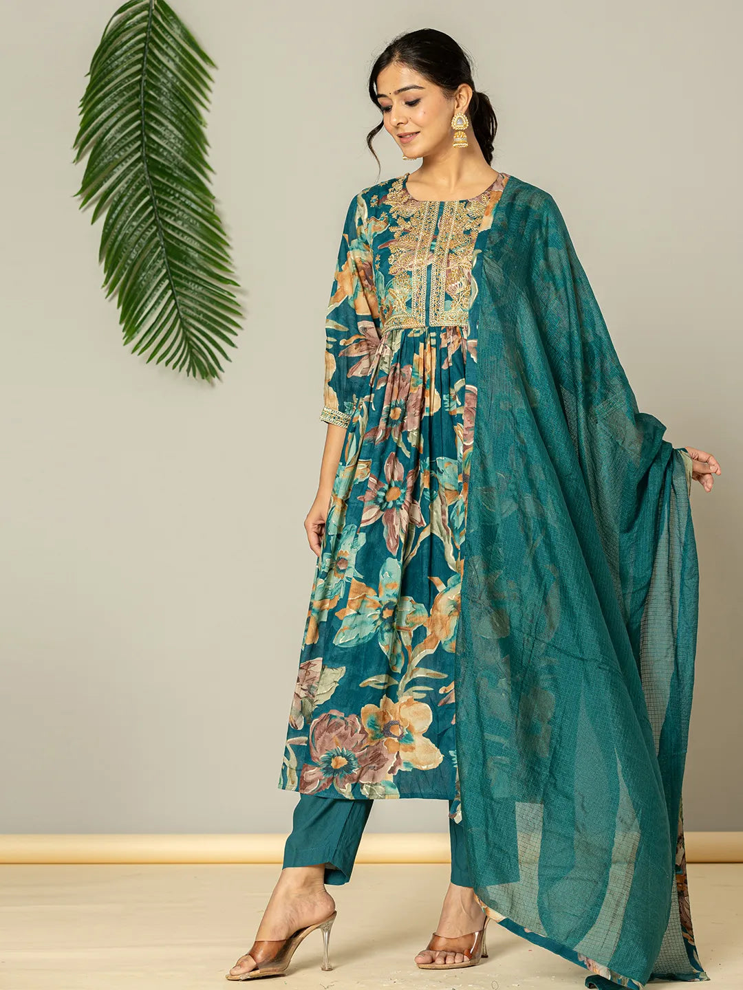 Teal Blue Floral Print Mulmul Fit And Flare Suit Set