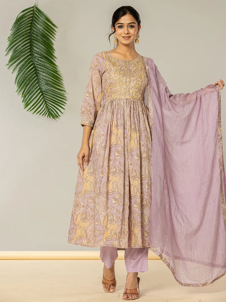 Purple Floral Print Mulmul Fit And Flare Suit Set