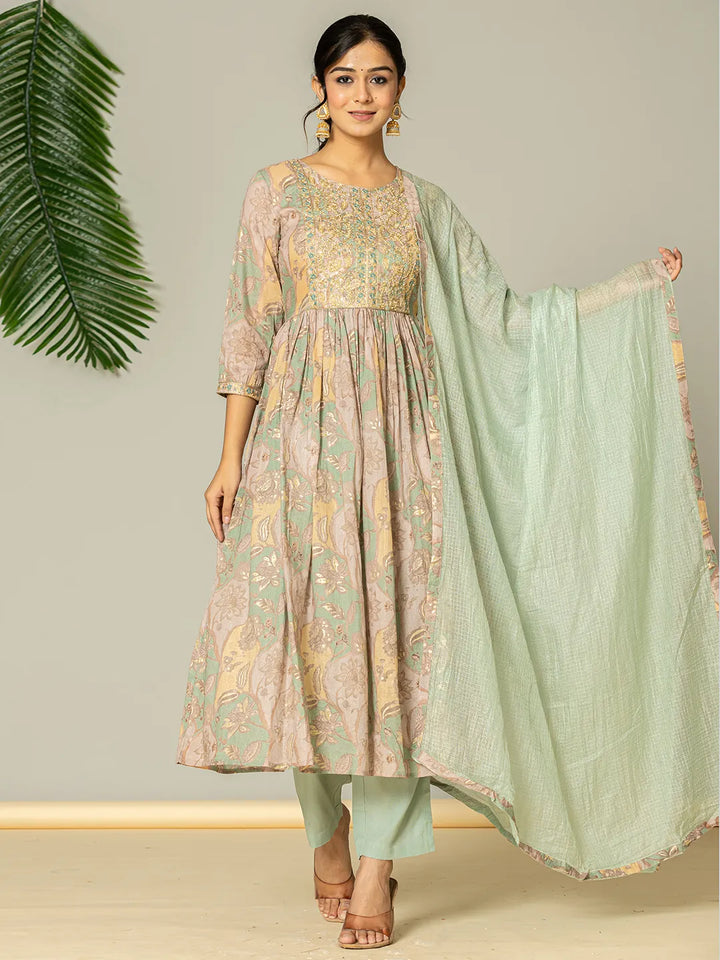 Sea Green Floral Print Mulmul Fit And Flare Suit Set