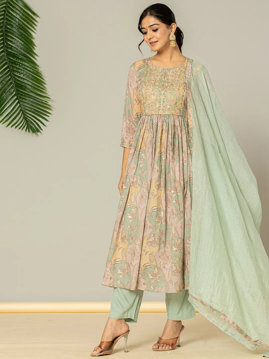 Sea Green Floral Print Mulmul Fit And Flare Suit Set