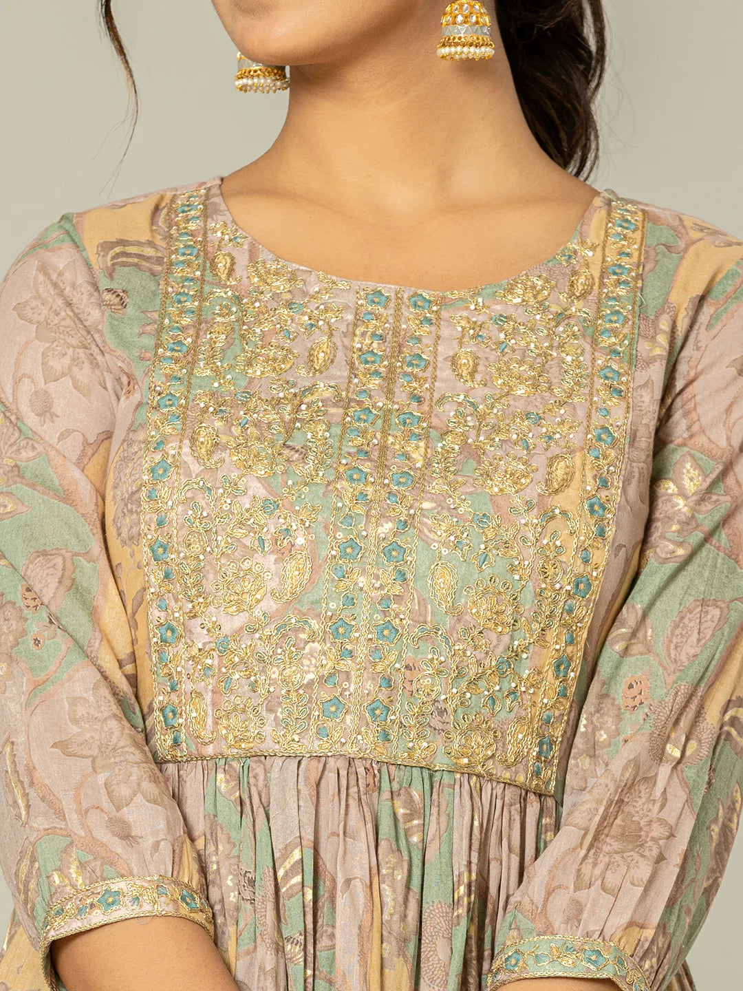 Sea Green Floral Print Mulmul Fit And Flare Suit Set