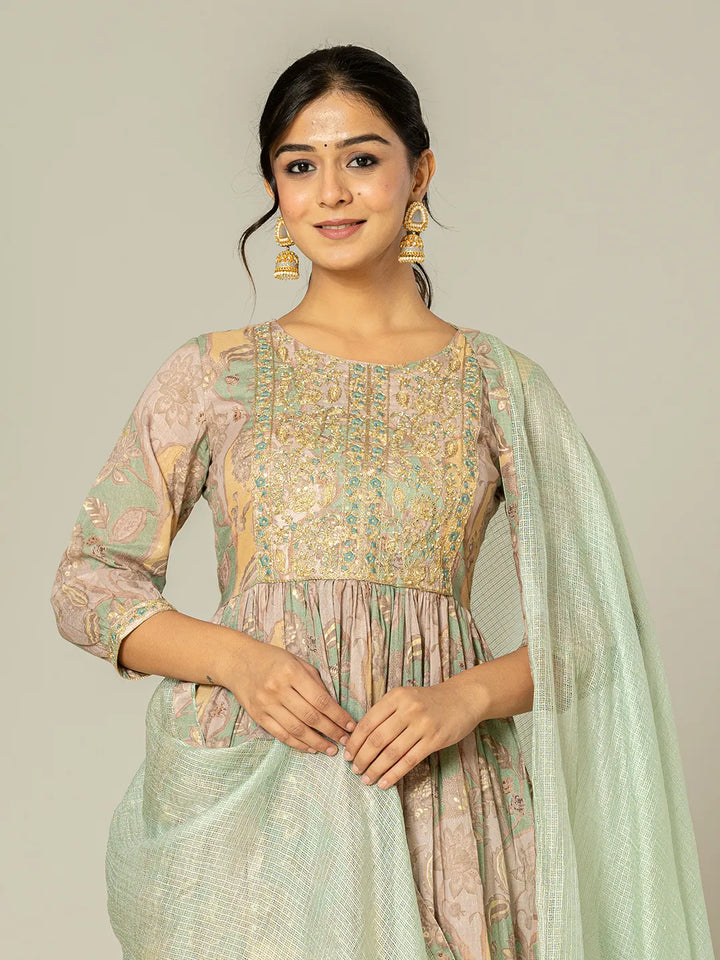 Sea Green Floral Print Mulmul Fit And Flare Suit Set