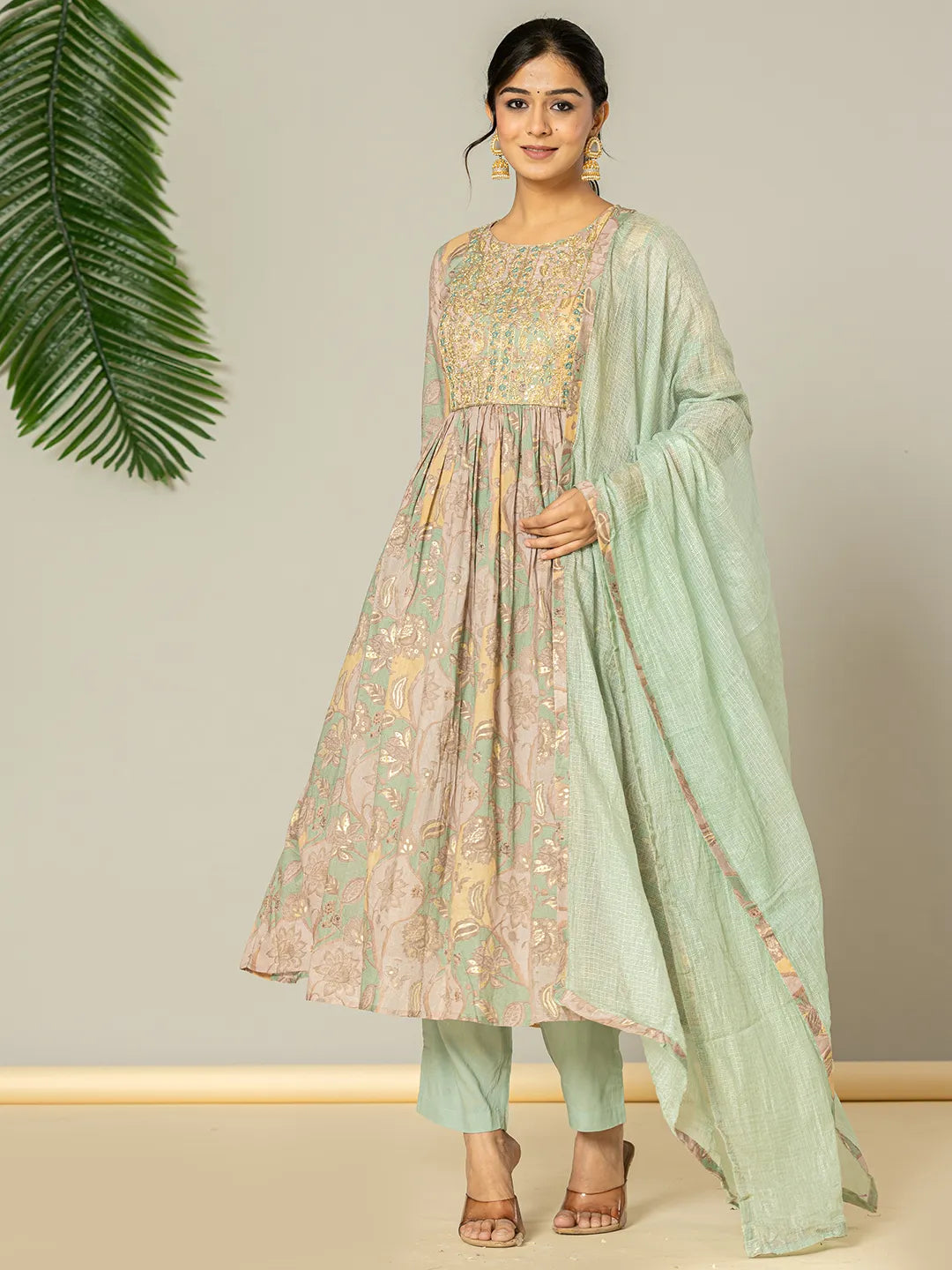 Sea Green Floral Print Mulmul Fit And Flare Suit Set