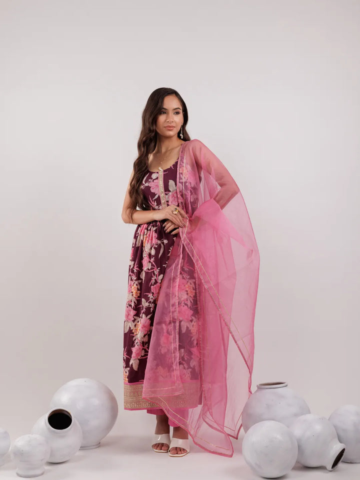 Burgundy Floral Print Cotton Fit And Flare Kurta Trouser & Dupatta Set-Yufta Store-6966SKDBUGS