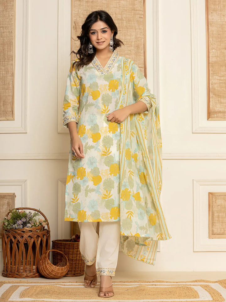 Cotton Yellow Kurta Dupatta Set-Yufta Store-6968SKDYLM