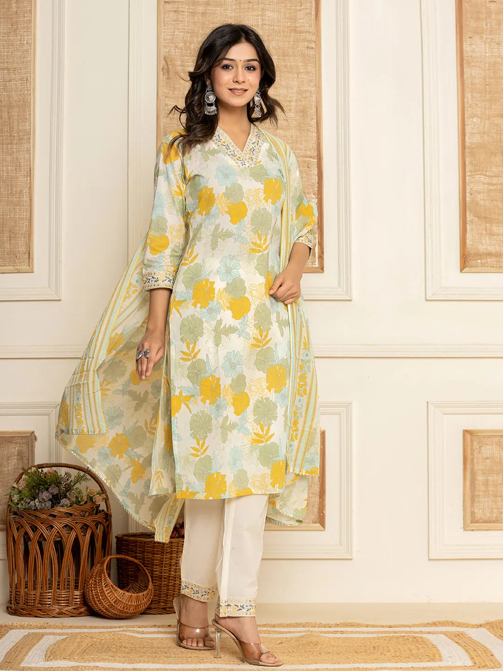 Cotton Yellow Kurta Dupatta Set-Yufta Store-6968SKDYLM