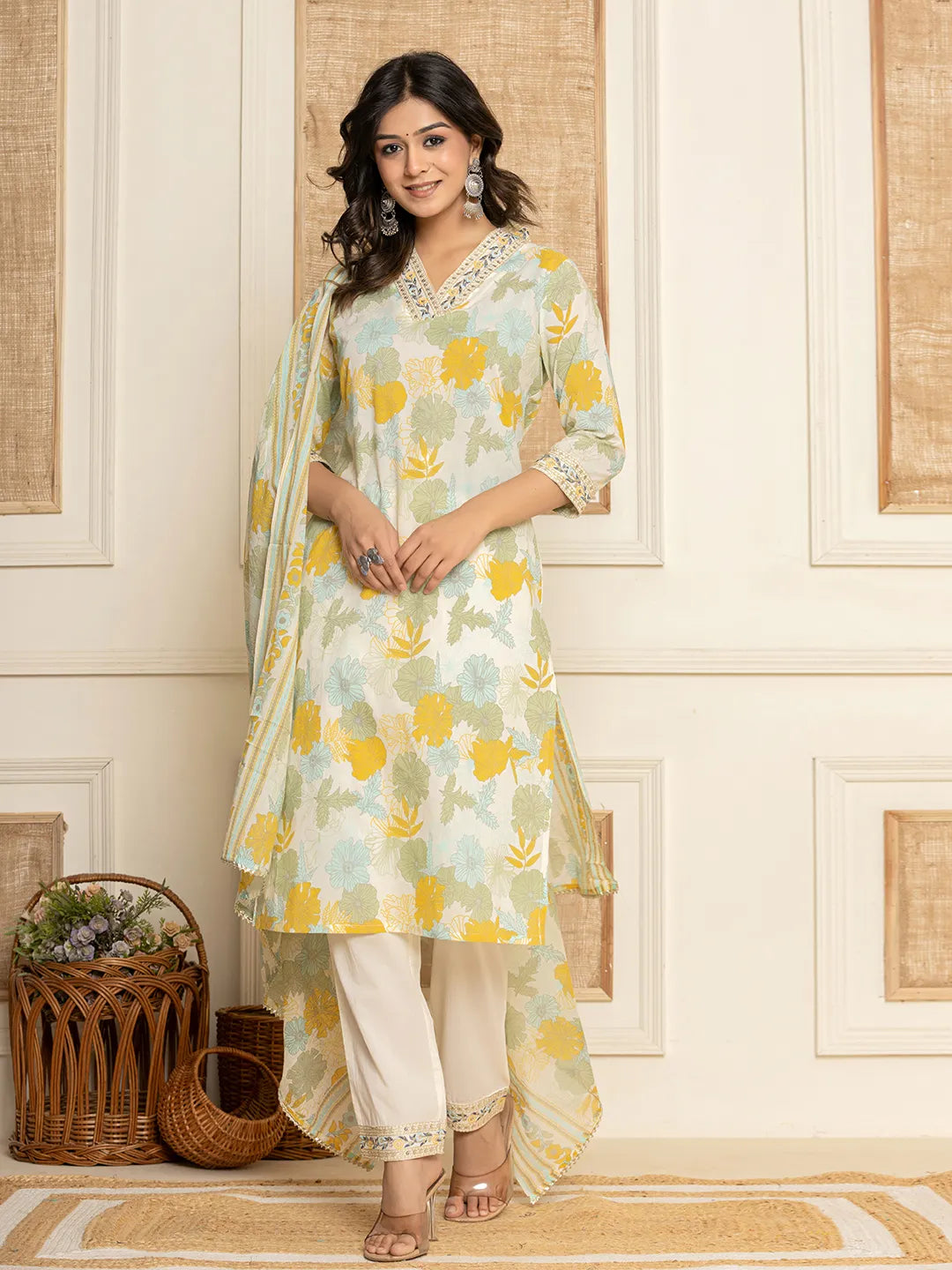 Cotton Yellow Kurta Dupatta Set-Yufta Store-6968SKDYLM